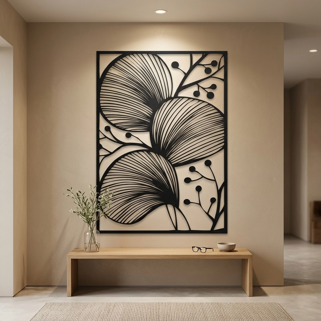 Modern Yaprak ve Meyve Dalı Desenli Metal Duvar Tablosu