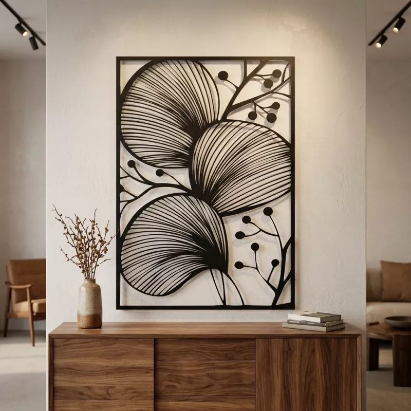Modern Yaprak ve Meyve Dalı Desenli Metal Duvar Tablosu
