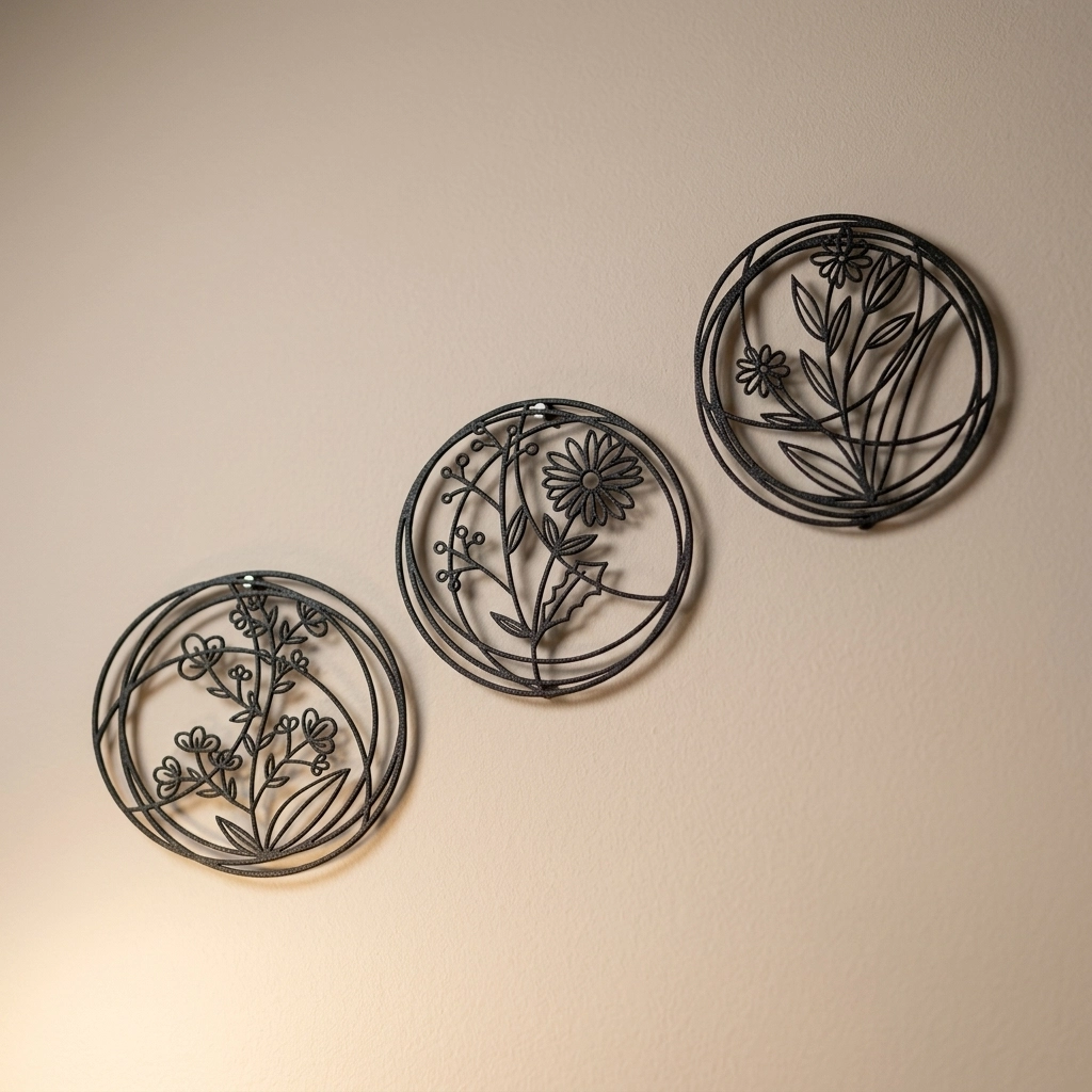 3’lü Minimalist Çiçekli Metal Duvar Dekoru Seti