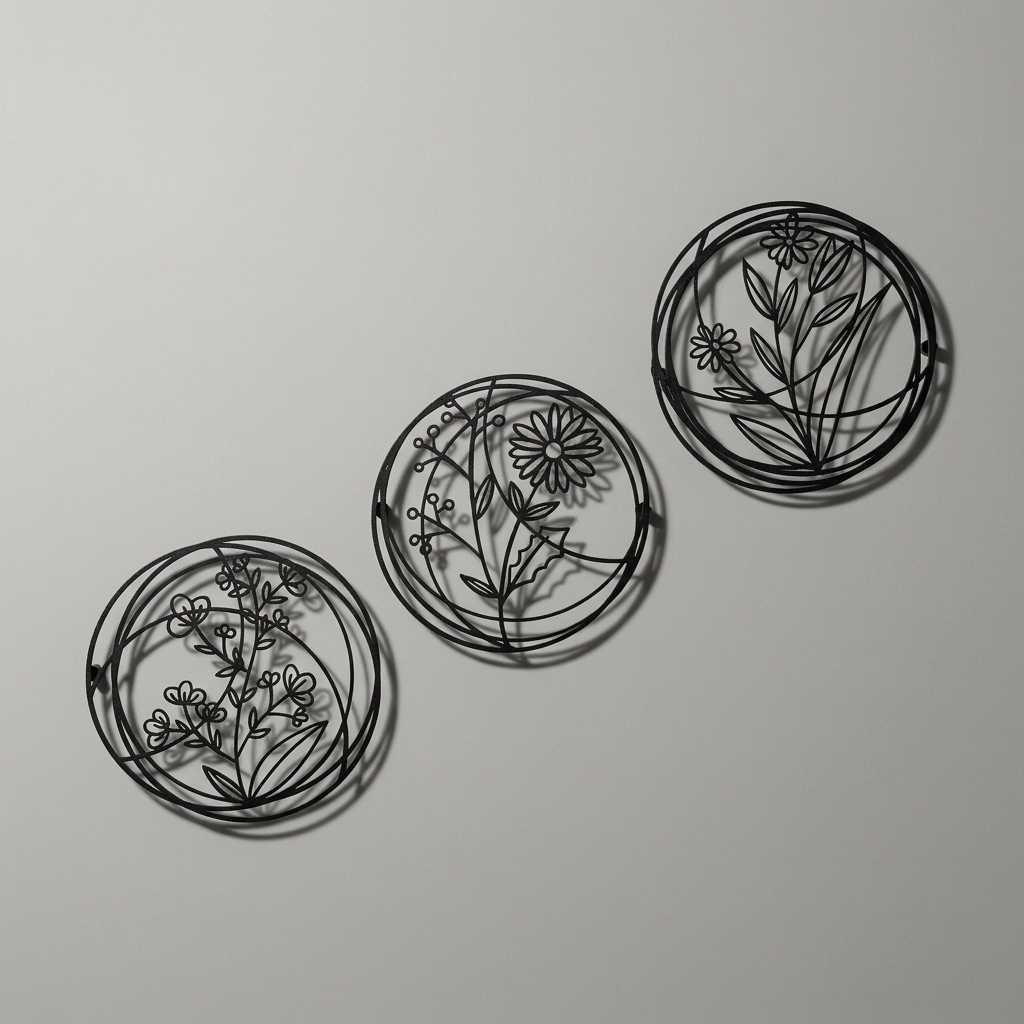 3’lü Minimalist Çiçekli Metal Duvar Dekoru Seti