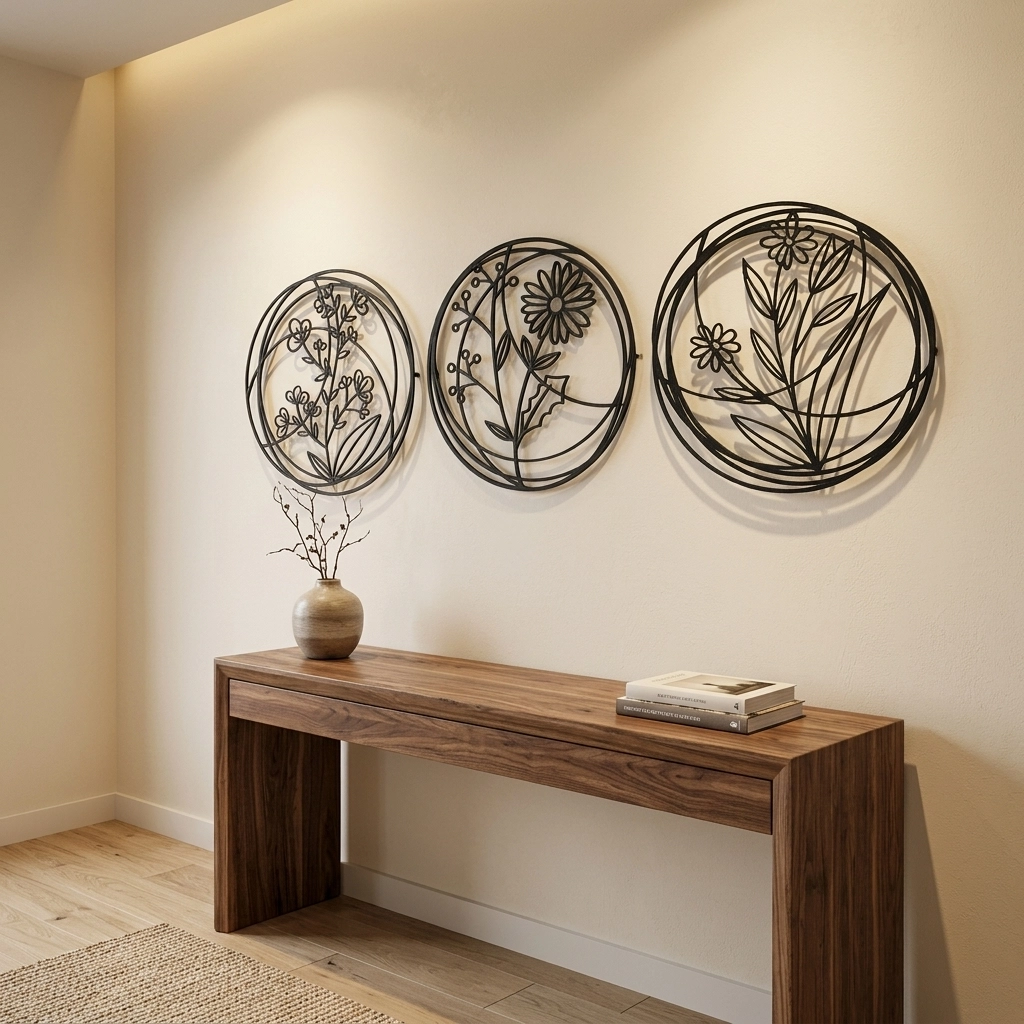 3’lü Minimalist Çiçekli Metal Duvar Dekoru Seti