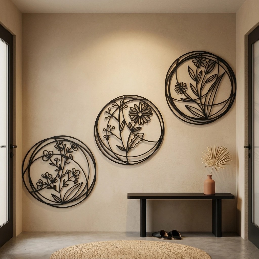 3’lü Minimalist Çiçekli Metal Duvar Dekoru Seti