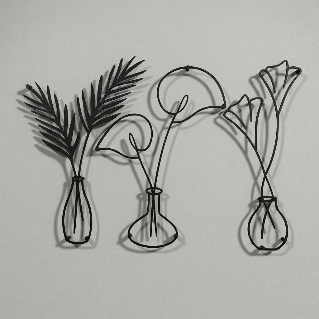 Minimalist Üçlü Vazo ve Bitki Duvar Sanatı