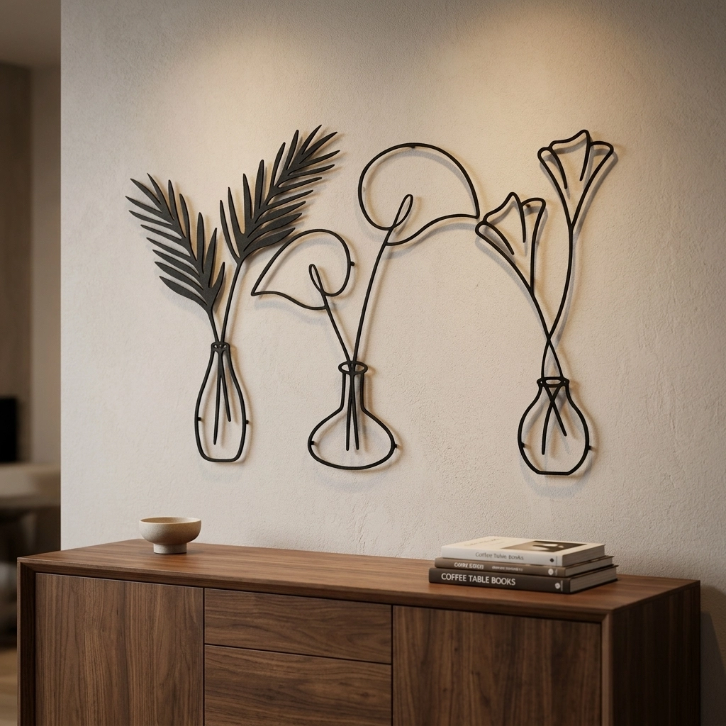 Minimalist Üçlü Vazo ve Bitki Duvar Sanatı
