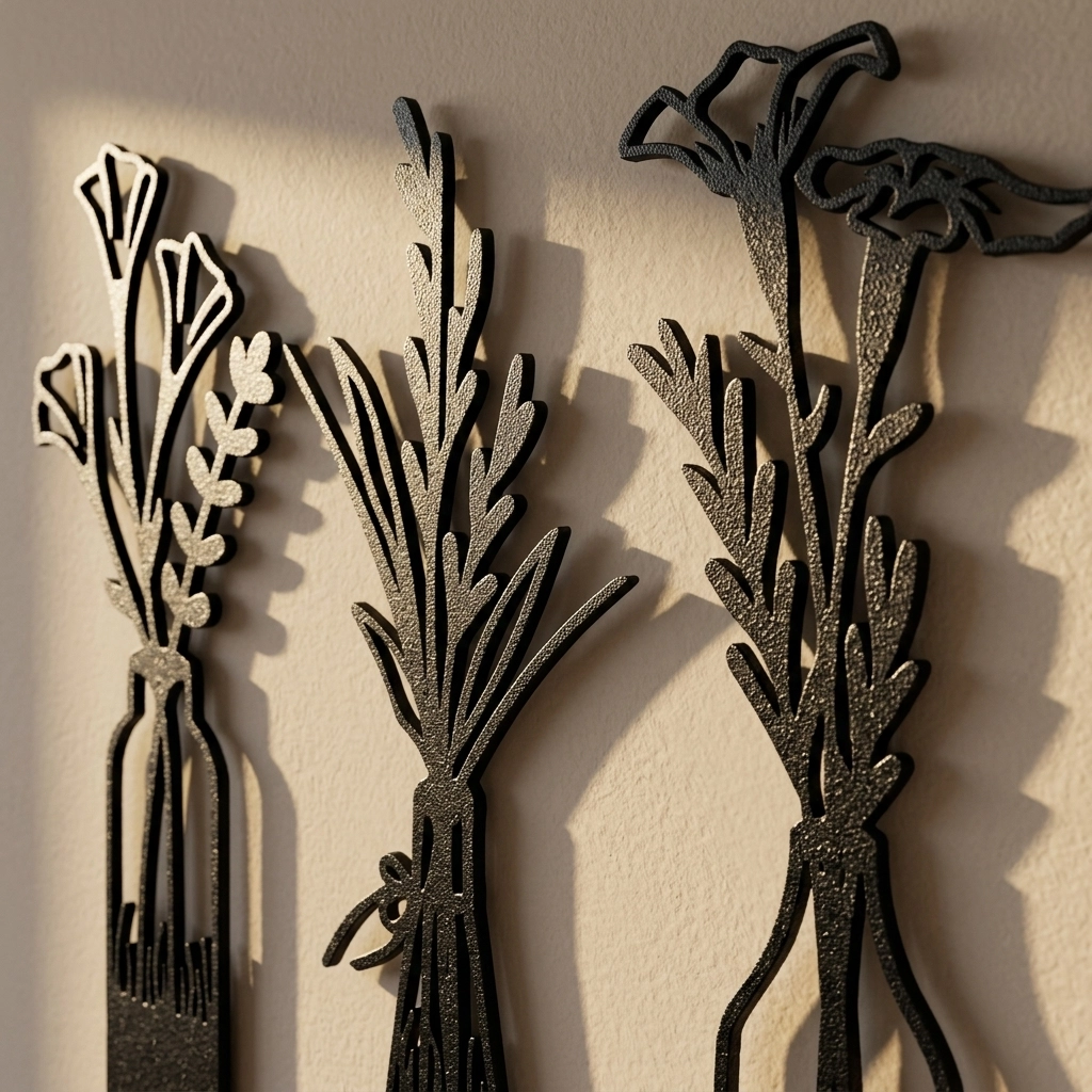 Minimalist Üçlü Çiçek Şişe Metal Duvar Dekoru