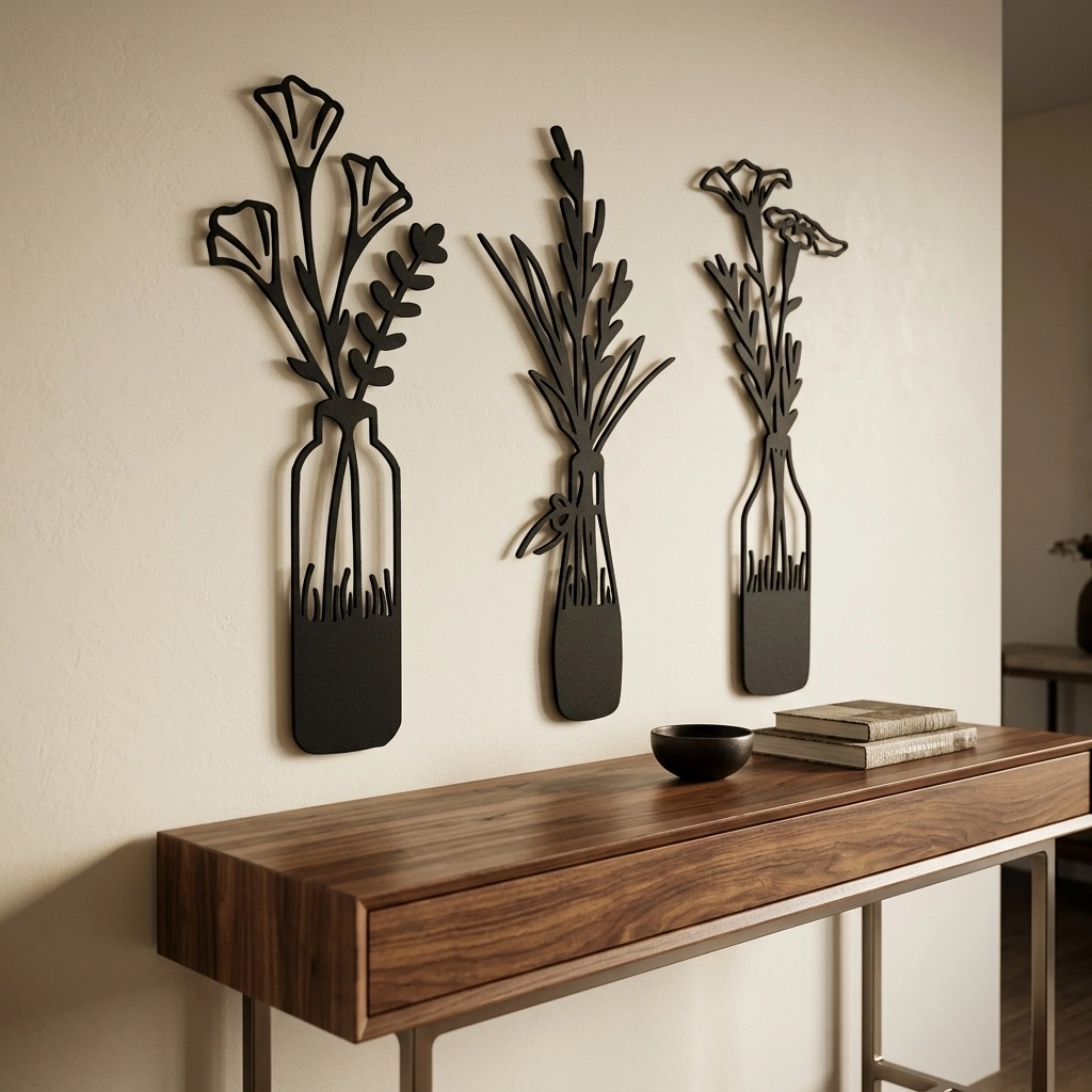 Minimalist Üçlü Çiçek Şişe Metal Duvar Dekoru