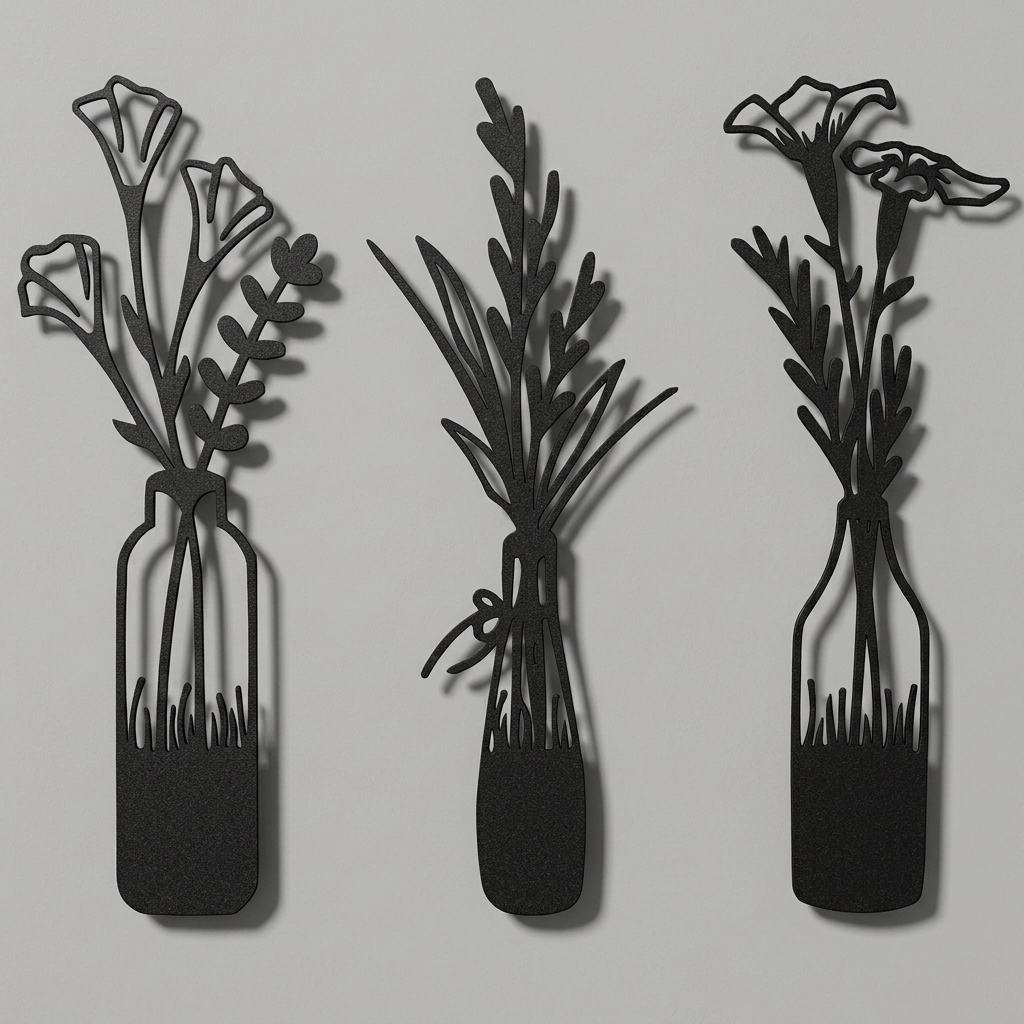 Minimalist Üçlü Çiçek Şişe Metal Duvar Dekoru