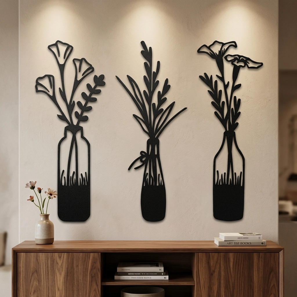 Minimalist Üçlü Çiçek Şişe Metal Duvar Dekoru