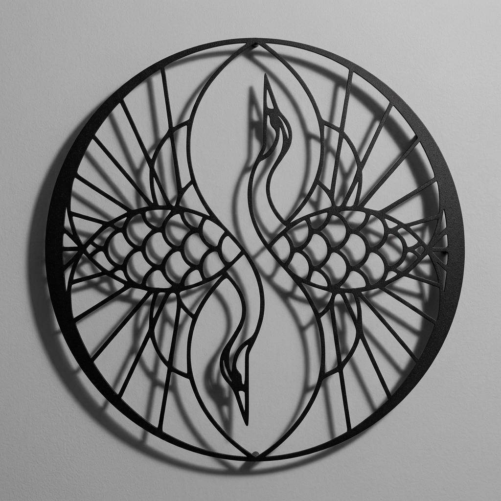Decorative Crane and Geometric Pattern Metal Wall Art