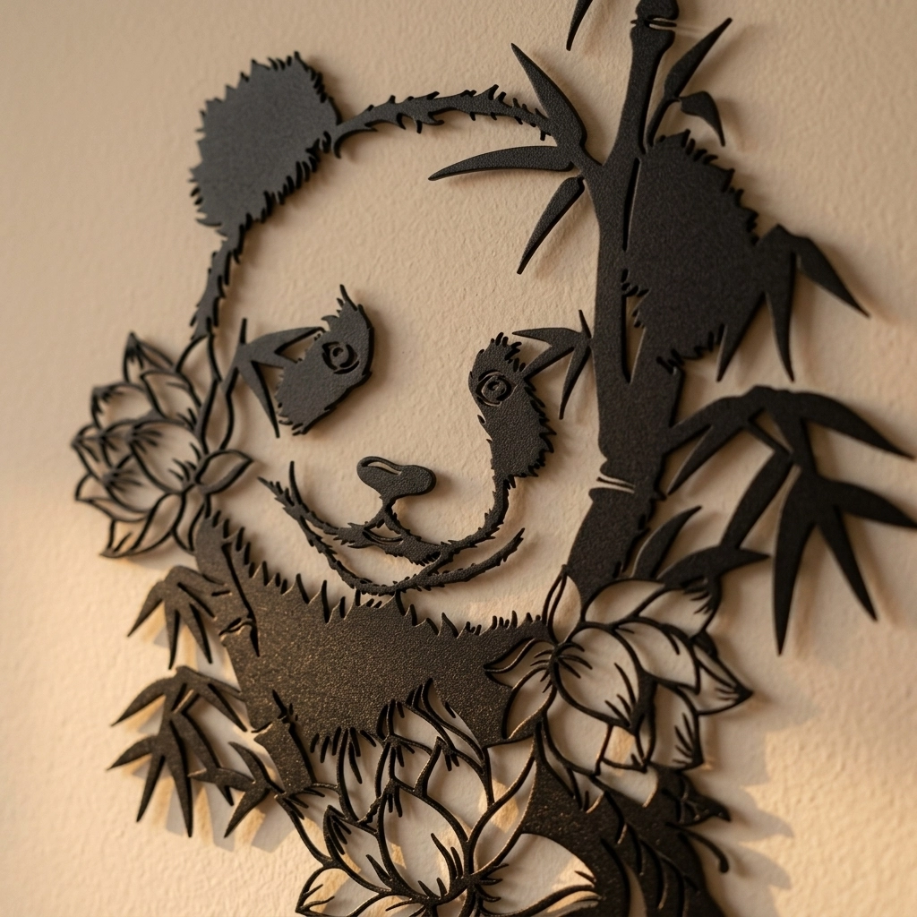 Bambu ve Nilüfer Çiçekli Panda Metal Duvar Dekoru