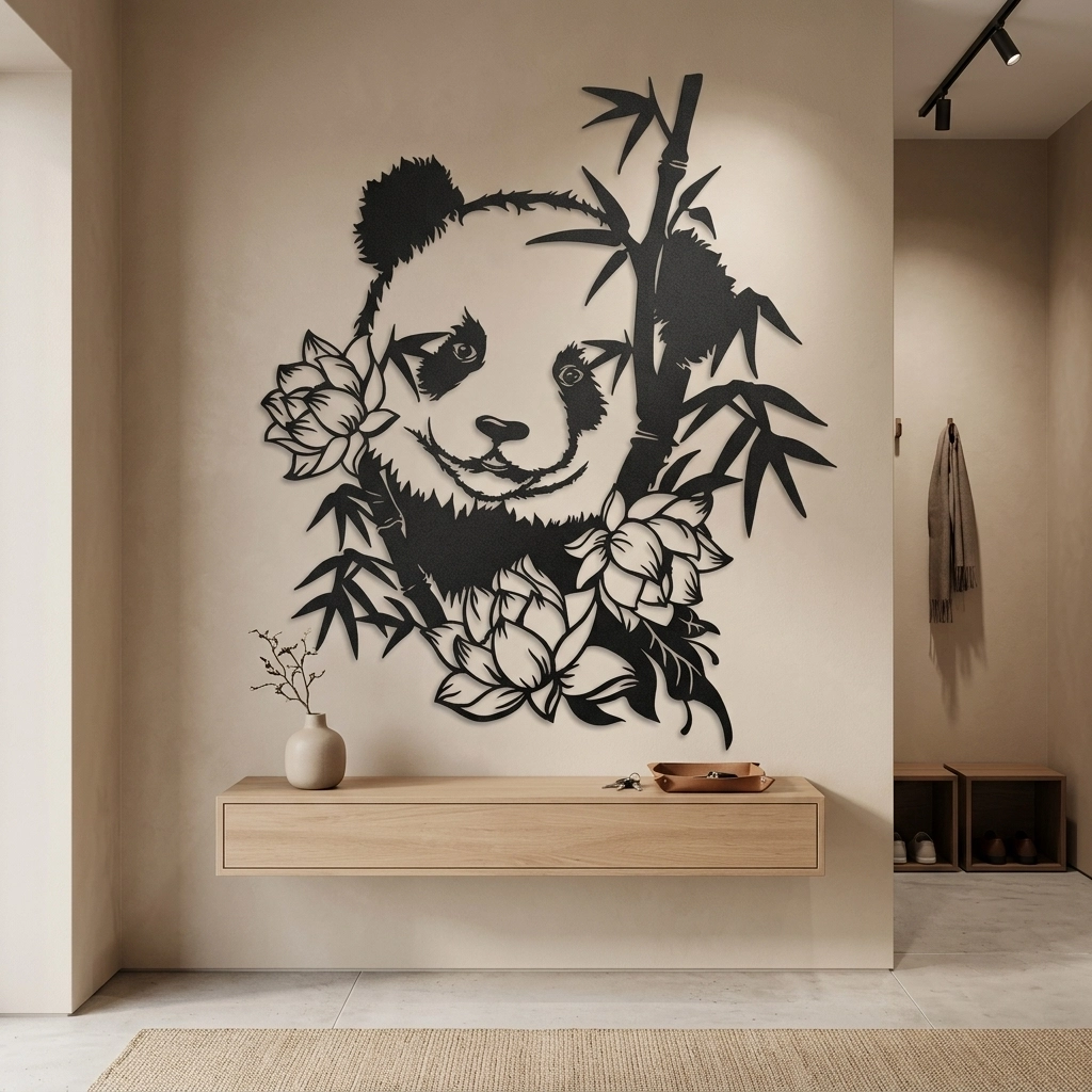 Bambu ve Nilüfer Çiçekli Panda Metal Duvar Dekoru