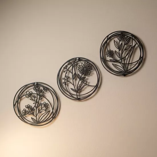 Modern 3-Piece Floral Metal Wall Decor Set - Wall Art