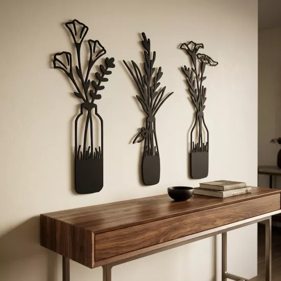 Modern Minimalist Metal Wall Decor - Flowers in Bottles Set of 3