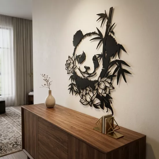 Modern Panda ve Bambu Tasarımlı Dekoratif Metal Tablo