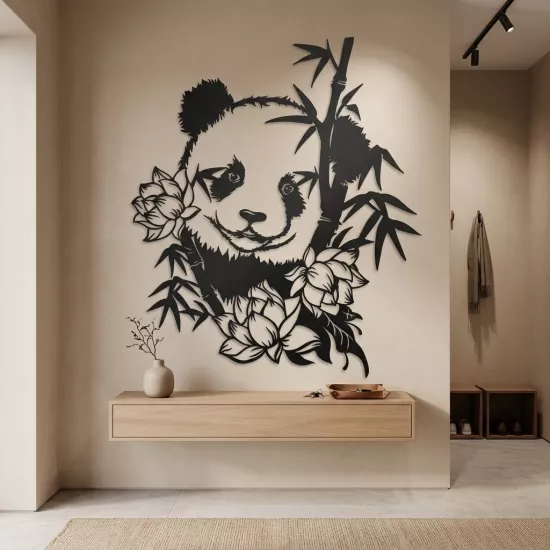 Modern Panda ve Bambu Tasarımlı Dekoratif Metal Tablo